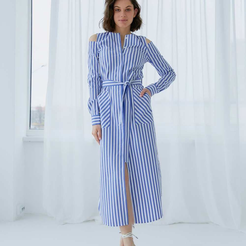 Striped Shirt Midi Dress – Blue